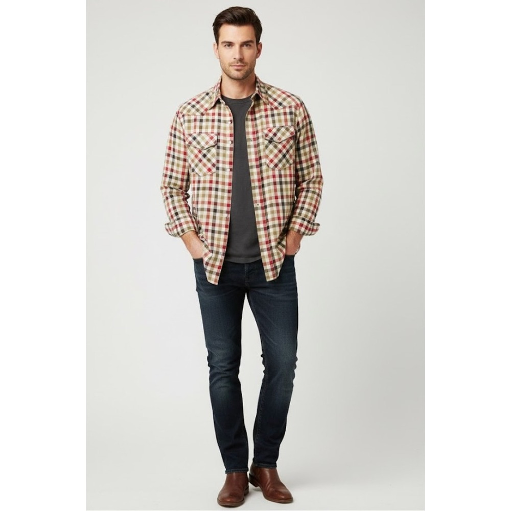 Rag and Bone Men's Red Plaid Western Style Button Up Shirt Size Medium